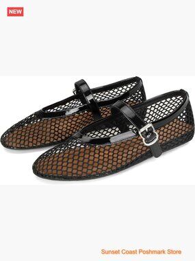Mesh Ballet Flats Buckle Strap Comfy Casual Office Fishnet Ballerina